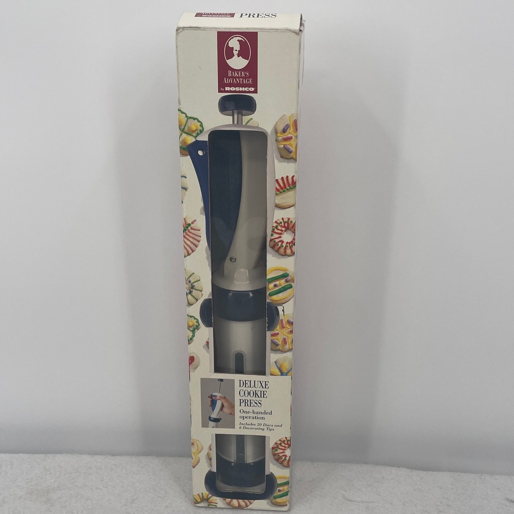 Bakers Advantage by Roshco Deluxe Cookie Press 20 Discs 6 Tips 28678 White Blue